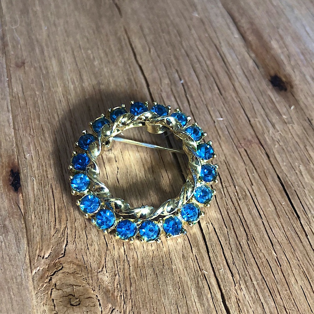 Vintage Gold & Blue Rhinestone Brooch